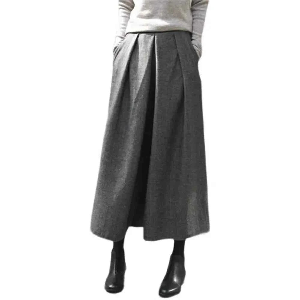 Loose Woolen Wide Leg Skirts Pants Women Pleated Casual Pants Winter Autumn Straight Trousers Elastic High Waist Fat Leg Pants