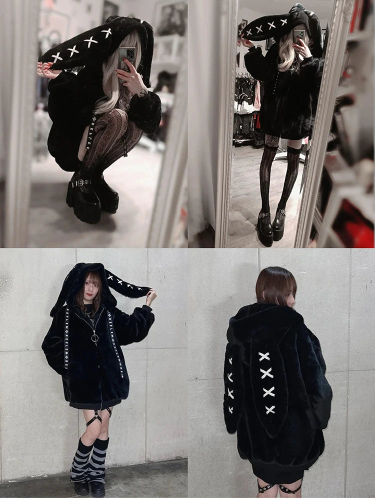 Nerazzurri Winter Sweet Cute Kawaii Soft Thick Warm White Faux Fur Coat Women with Bunny Ears Cute Fluffy Jacket Hoodie 2024 SS69