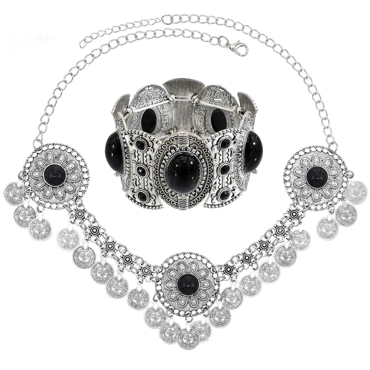 Traditional Kazakhstan Ethnic Coins Bracelet Hair Accessories  for Women Vintage Nepalese Tibetan Clothing Headwear Jewelry Set