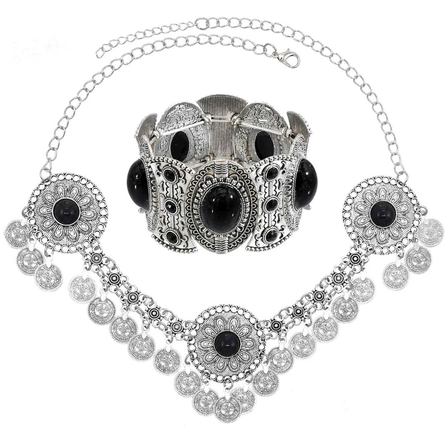 Traditional Kazakhstan Ethnic Coins Bracelet Hair Accessories  for Women Vintage Nepalese Tibetan Clothing Headwear Jewelry Set