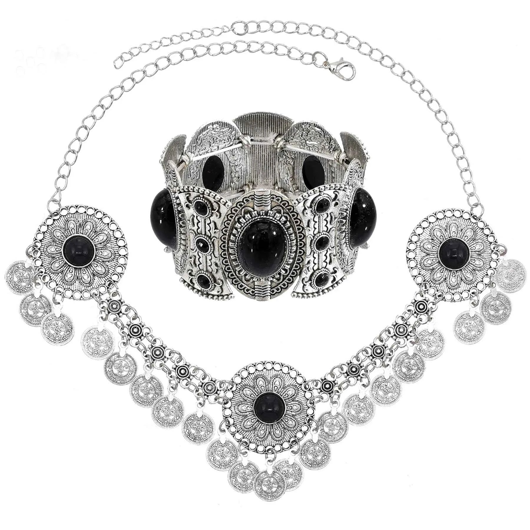 Traditional Kazakhstan Ethnic Coins Bracelet Hair Accessories  for Women Vintage Nepalese Tibetan Clothing Headwear Jewelry Set