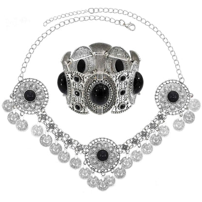 Traditional Kazakhstan Ethnic Coins Bracelet Hair Accessories  for Women Vintage Nepalese Tibetan Clothing Headwear Jewelry Set