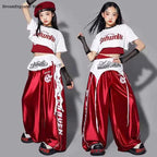 Girls K-pop Crop Top Shiny Joggers Pants Children Streetwear Girl Group Costume Kids Teen Hip Hop Jazz Street Dance Clothes Sets
