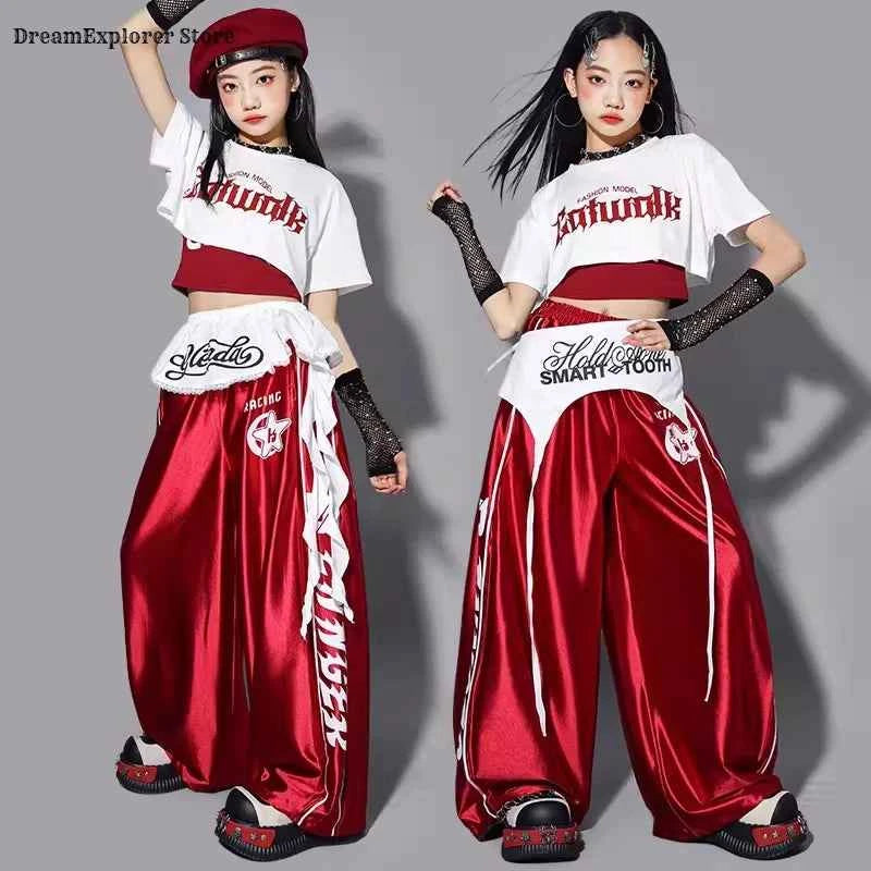 Girls K-pop Crop Top Shiny Joggers Pants Children Streetwear Girl Group Costume Kids Teen Hip Hop Jazz Street Dance Clothes Sets