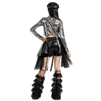 Girls Silver Shiny Crop Top & Ribbon Skirt Hip Hop Dance Set