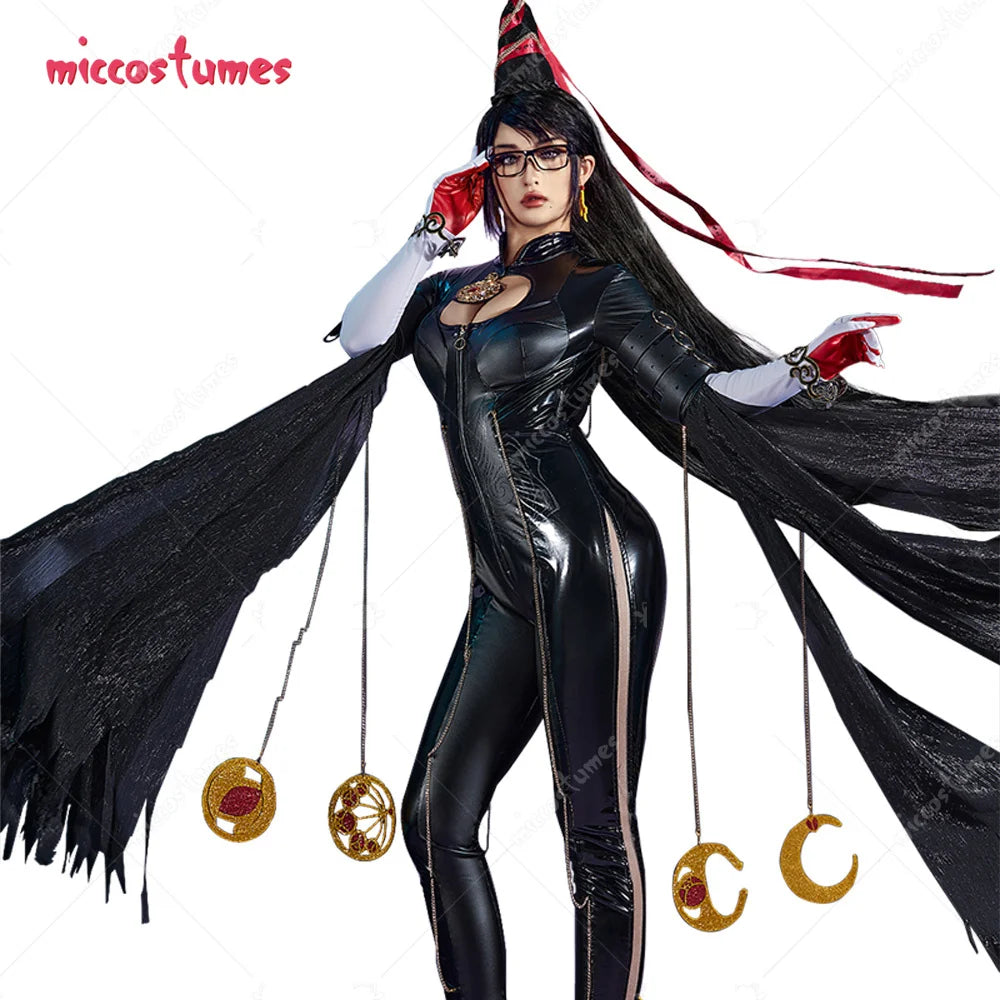 Miccostumes Women's Black Witch PU Leather Cosplay Bodysuit