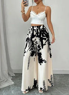 Women Black Ink Floral Print Wide Leg Pants Elastic High Waist Silky Satin Palazzo Trousers Summer Vacation Casual Loose Long Pants Beach Bottoms Vestidos