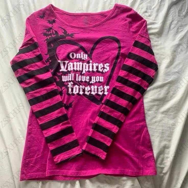 Pink T shirts Punk Top Sweet Girl Emo Letter Stripe Gothic Long sleeves Women Clothing Vintage Graphic Tee Aesthetic Y2K T shirt