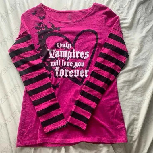 Pink T shirts Punk Top Sweet Girl Emo Letter Stripe Gothic Long sleeves Women Clothing Vintage Graphic Tee Aesthetic Y2K T shirt