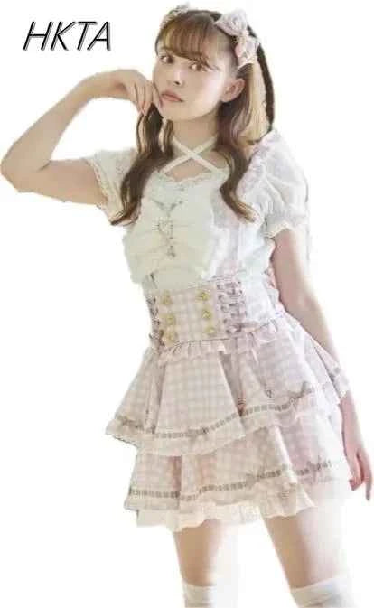 Japanese Sweet Heavy Industry Splicing Sleeve Strap Lace Bow Lace Shirt Summer Autumn New Elastic Slim Long-sleeve Tshirt Top