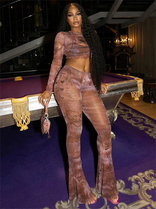 Weird Puss Fashion Print Sexy See Through 2 Piece Set Women o-Neck Full Sleeve Crop Tops+Straight Flared Pants Hottie Streetwear SS69