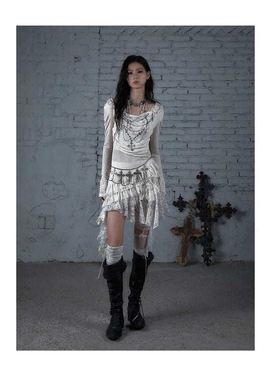 NO ROMANCE Fairy Sexy Punk Printing Half Transparent Lace Patch Knitted Long Sleeve Hooded Dresses Rock Gothic Design Vestidos SS69