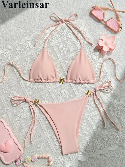 S - XL Metal Flower Halter Strappy Bikini Female Swimsuit Women Swimwear Two-pieces Bikini set Bather Bathing Suit Swim V6504 SS69