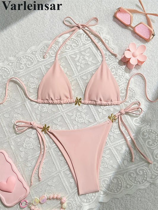 S - XL Metal Flower Halter Strappy Bikini Female Swimsuit Women Swimwear Two-pieces Bikini set Bather Bathing Suit Swim V6504 SS69