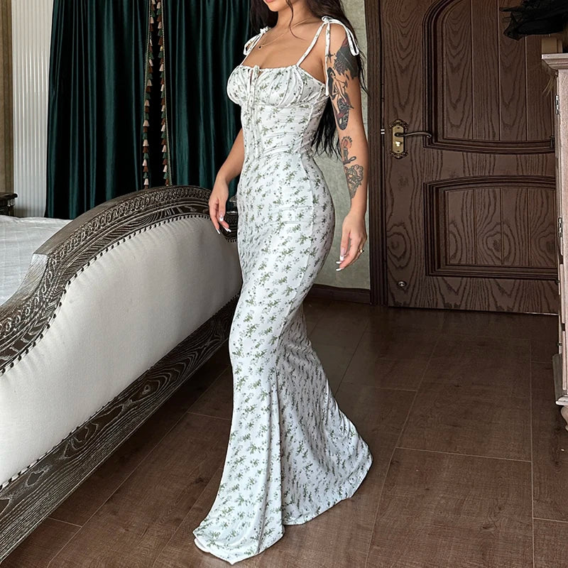 Hugcitar Women Floral Spaghetti Strap Bodycon Maxi Dress