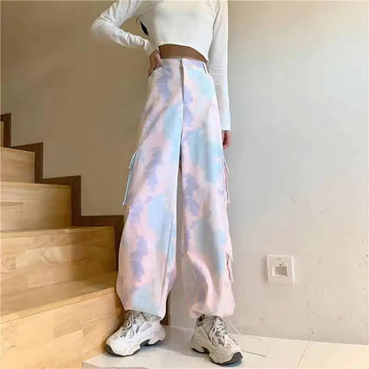 Women Harajuku Tie Dye Cargo Pants Spring Summer New Korean Fashion Streetwear High Waist Loose Versatile Sports Casual Trousers SS69