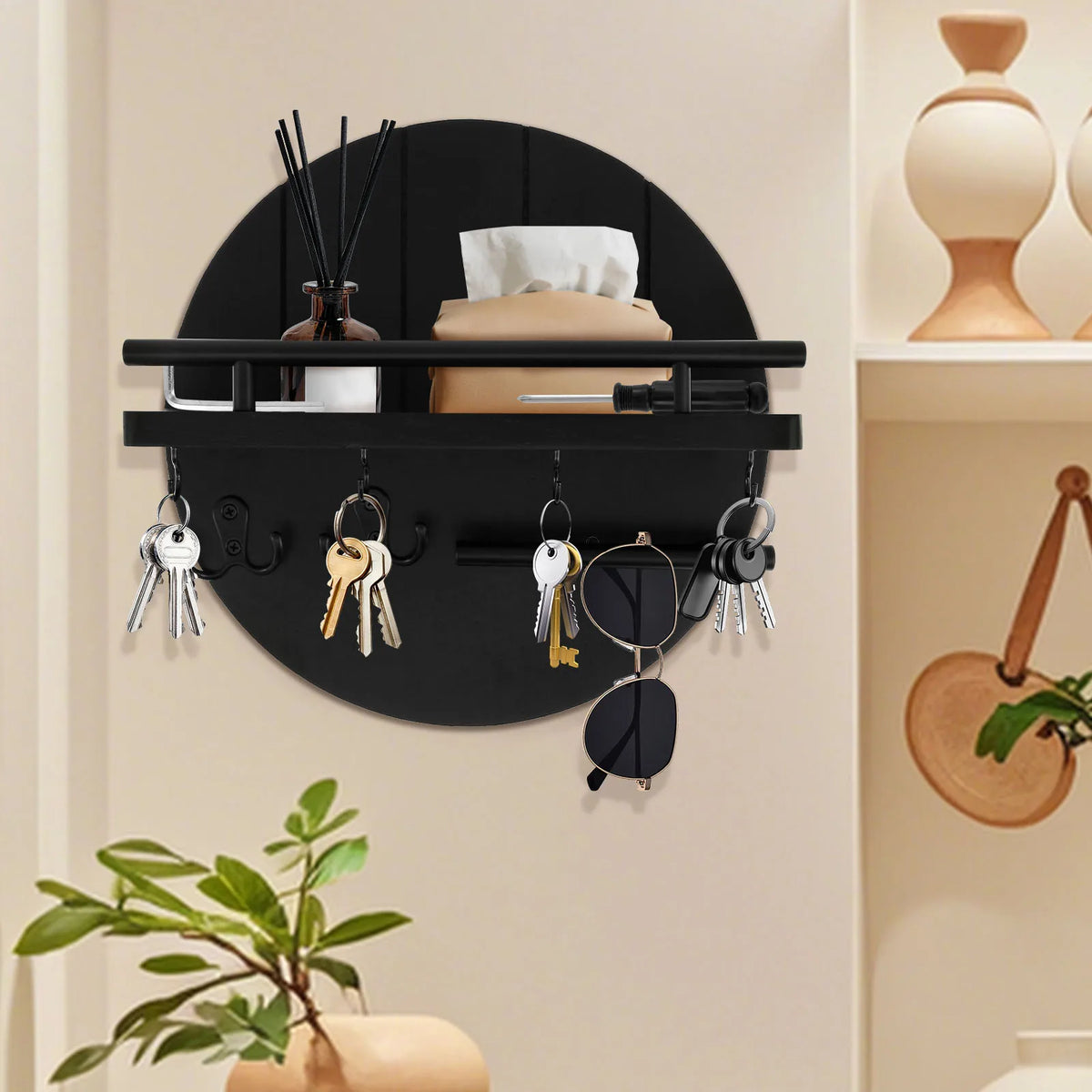 Round Wooden Wall Key Holder with Floating Shelf & 6 Hooks