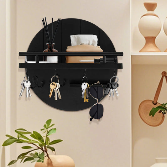 SS69 Round Wooden Wall Key Holder with Floating Shelf and 6 Storage Hooks