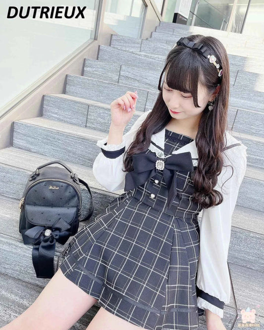 Japanese Style Women's Outfits Sailor Collar Plaid Rhinestone Bow Dress Shorts Set Sweet Lolita Mine Series Dress Two-Piece Suit