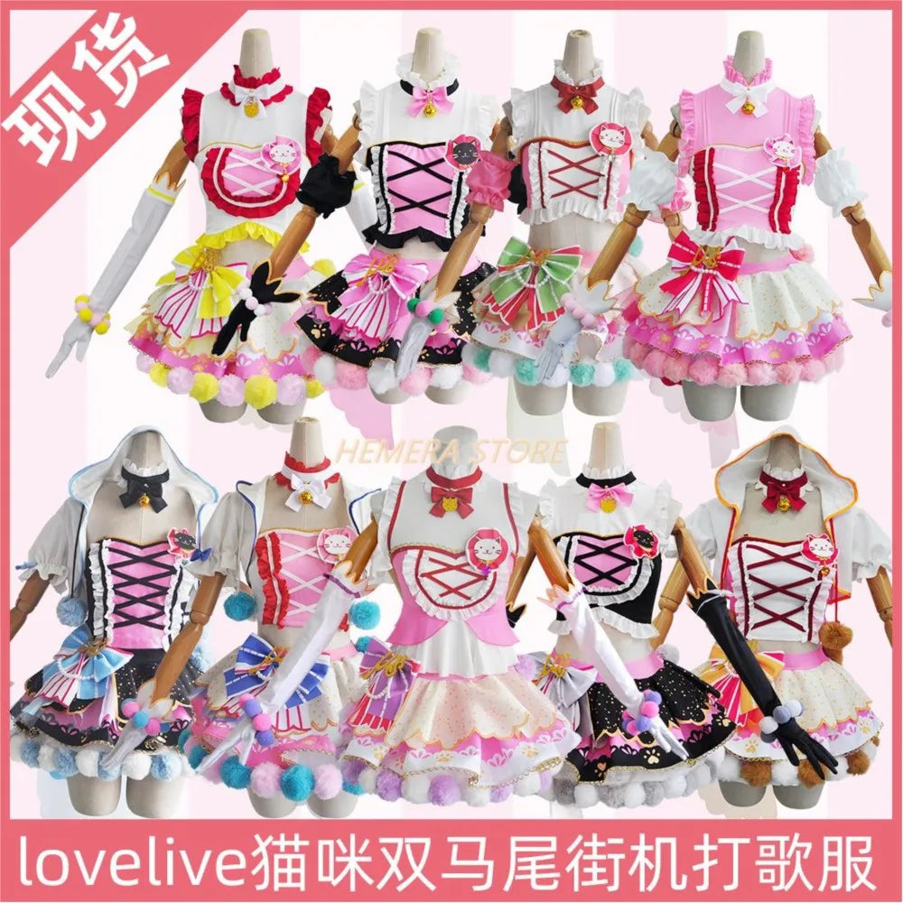In Stock Anime LoveLive Cat Twin Tail Arcade Game 9 Characters Cosplay Costume Tojo Nozomi Nico Honoka Umi Rin Maki Eli Full Set SS69