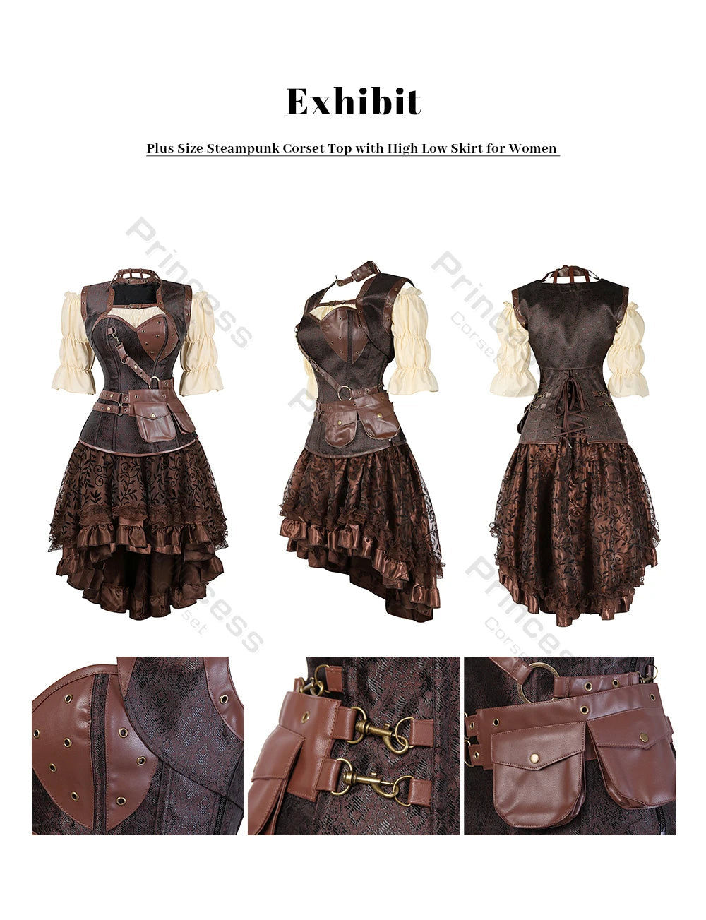 Brown Pirate Dress Plus Size Faxu Leather Steampunk Corset Dress with Shoulder Off Blouse Cosplay Pirate Costume for Women SS69