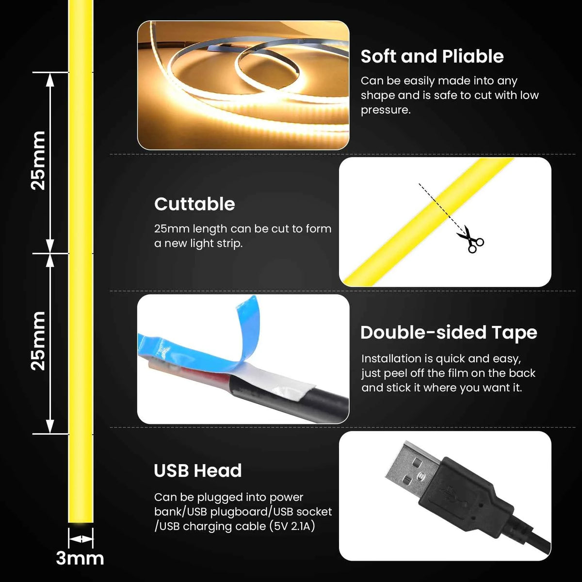 DC 5V USB COB Strip 3MM 5MM 8MM White/Pink/Red/White/Yellow/Yellow/Ice Blue/Green Flexible Ribbon Rope Home Decor TV Backlight