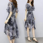 Women floral Chiffon Flower Dress 2026 trends new in Ladies Elegant V Neck short Sleeve korean style Summer Dress Female Clothes