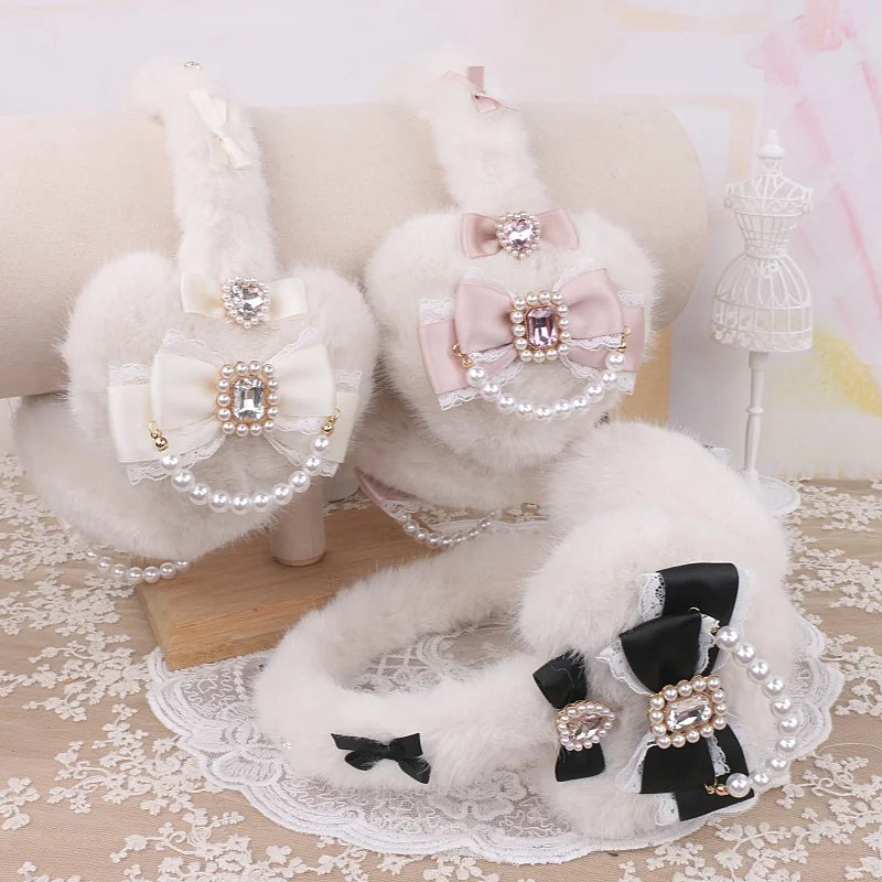 Sweet Mine Rhinestone Love Bow Earmuffs - Lolita Style