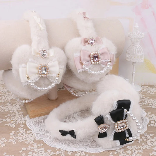 Sweet Mine Hairy Rhinestone Big Love Bow Earmuffs - Lolita Style
