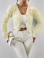 Women's V-Neck Knit Cardigan - Hollow Out Embroidery, Single Breasted