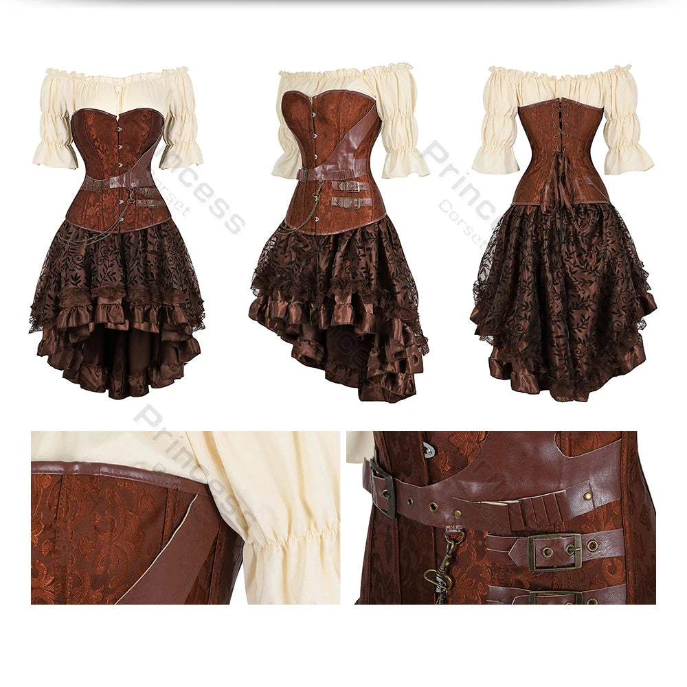 Brown Pirate Dress Plus Size Faxu Leather Steampunk Corset Dress with Shoulder Off Blouse Cosplay Pirate Costume for Women SS69