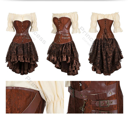 Brown Pirate Dress Plus Size Faxu Leather Steampunk Corset Dress with Shoulder Off Blouse Cosplay Pirate Costume for Women SS69