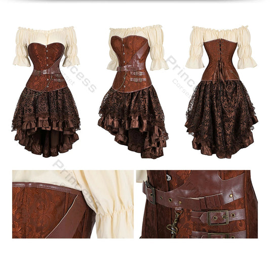 Brown Pirate Dress Plus Size Faxu Leather Steampunk Corset Dress with Shoulder Off Blouse Cosplay Pirate Costume for Women SS69