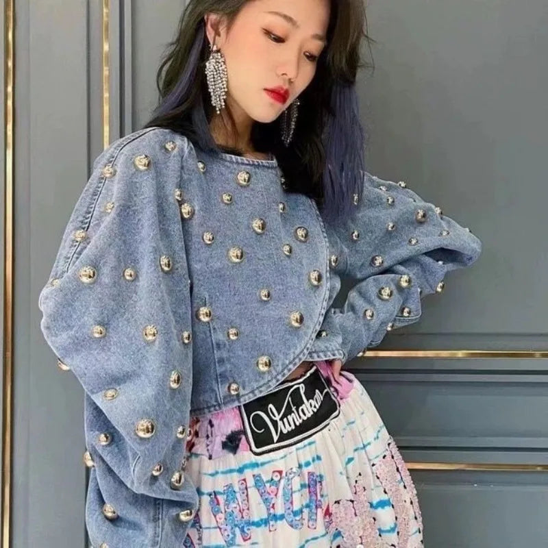 Spring Autumn Women Rivets Long Lantern Sleeve Denim Coat Short Pearls Beading Jeans Bomber Jacket Cowboy Cardigan Tops 2023 SS69