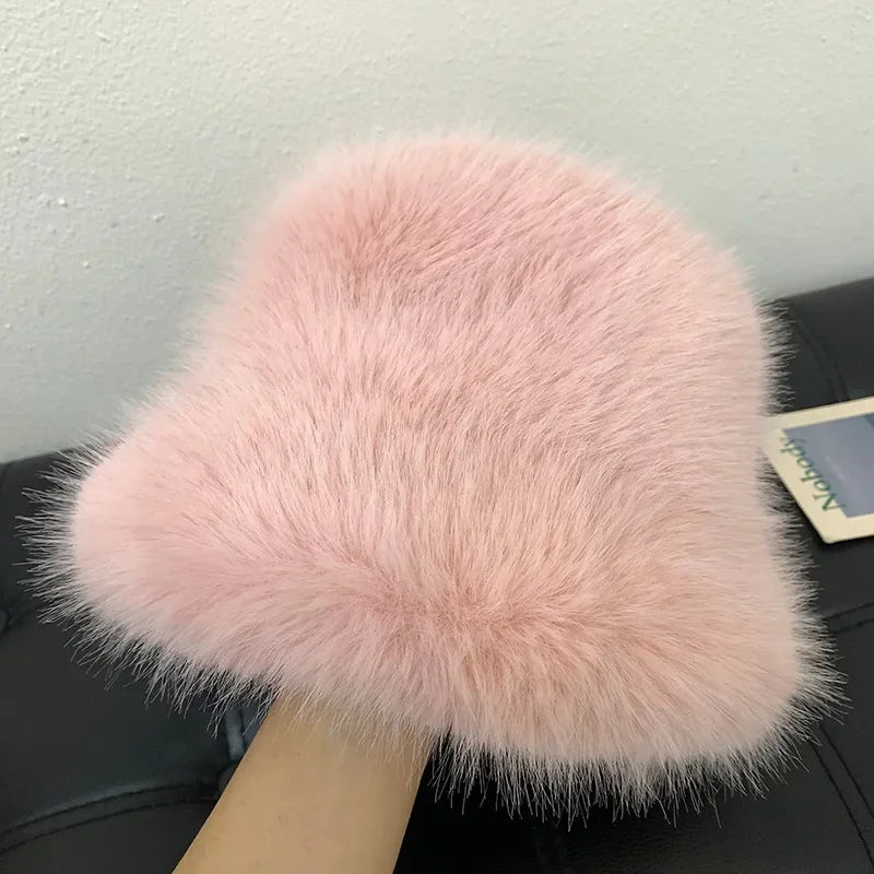 2025 Fluffy Faux Fur Bucket Hats Women Rabbit Fur Warm Thick Plush Winter Hat Lady Fashion Luxury Panama Furry Fisherman Cap Y2k