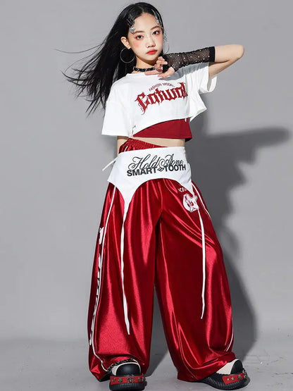 Girls K-pop Crop Top Shiny Joggers Pants Children Streetwear Girl Group Costume Kids Teen Hip Hop Jazz Street Dance Clothes Sets
