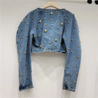 Spring Autumn Women Rivets Long Lantern Sleeve Denim Coat Short Pearls Beading Jeans Bomber Jacket Cowboy Cardigan Tops 2023 SS69