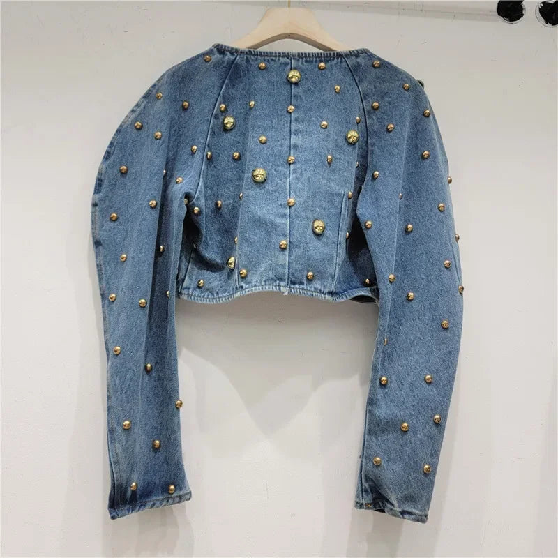 Spring Autumn Women Rivets Long Lantern Sleeve Denim Coat Short Pearls Beading Jeans Bomber Jacket Cowboy Cardigan Tops 2023 SS69