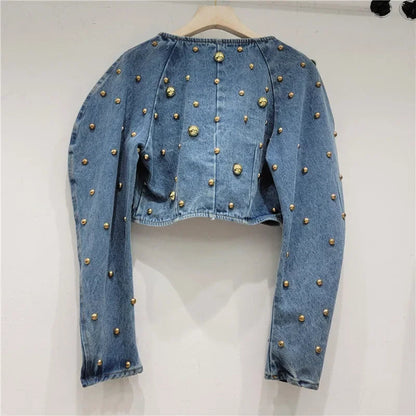 Spring Autumn Women Rivets Long Lantern Sleeve Denim Coat Short Pearls Beading Jeans Bomber Jacket Cowboy Cardigan Tops 2023 SS69