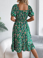 Summer Women's Beach Dress Floral 3D Print Square Neck Short-Sleeved Ladies Waist Ruffled A-Line Dress For Women Holiday Dresses