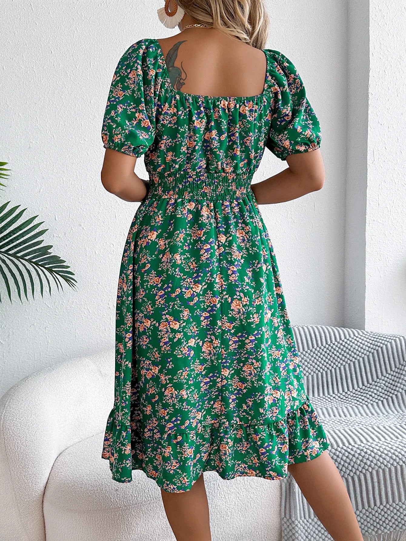 Summer Women's Beach Dress Floral 3D Print Square Neck Short-Sleeved Ladies Waist Ruffled A-Line Dress For Women Holiday Dresses