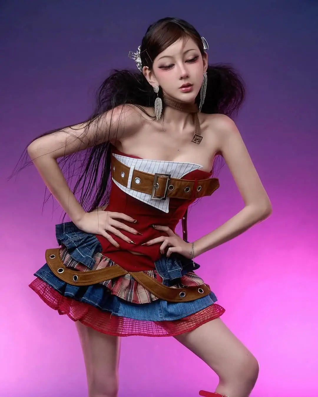 Preppy Style Vintage Red Denim Bustier Tops + Sweet Spicy Pure Design Mini Cake Skirt Women 2 Piece Sets Summer 2025 Korea Style SS69