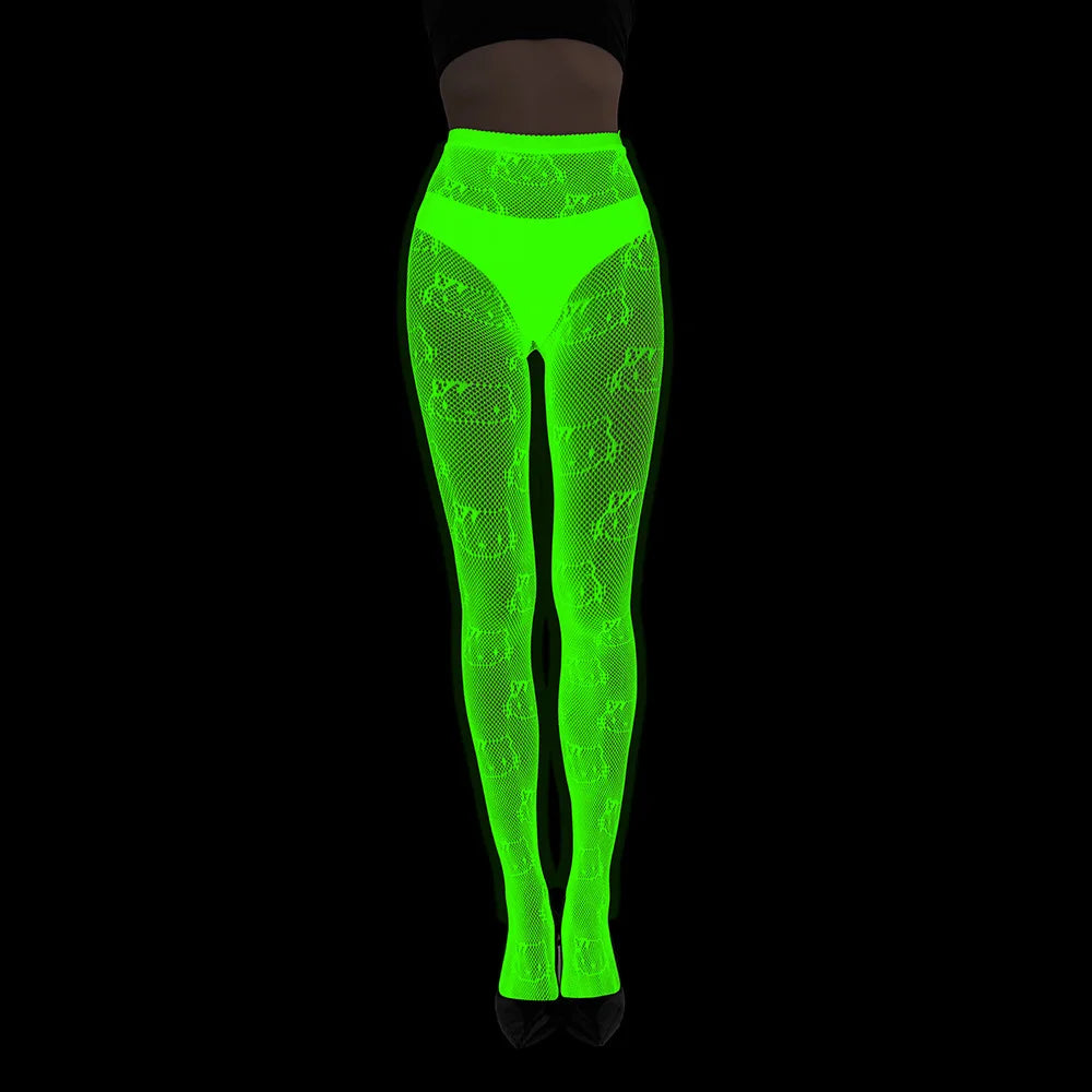 Women Glow in The Dark Fishnet Tight Rose Pattern Fishnet Tights Luminous Fishnet Halloween Party Festive Dress Up SS69