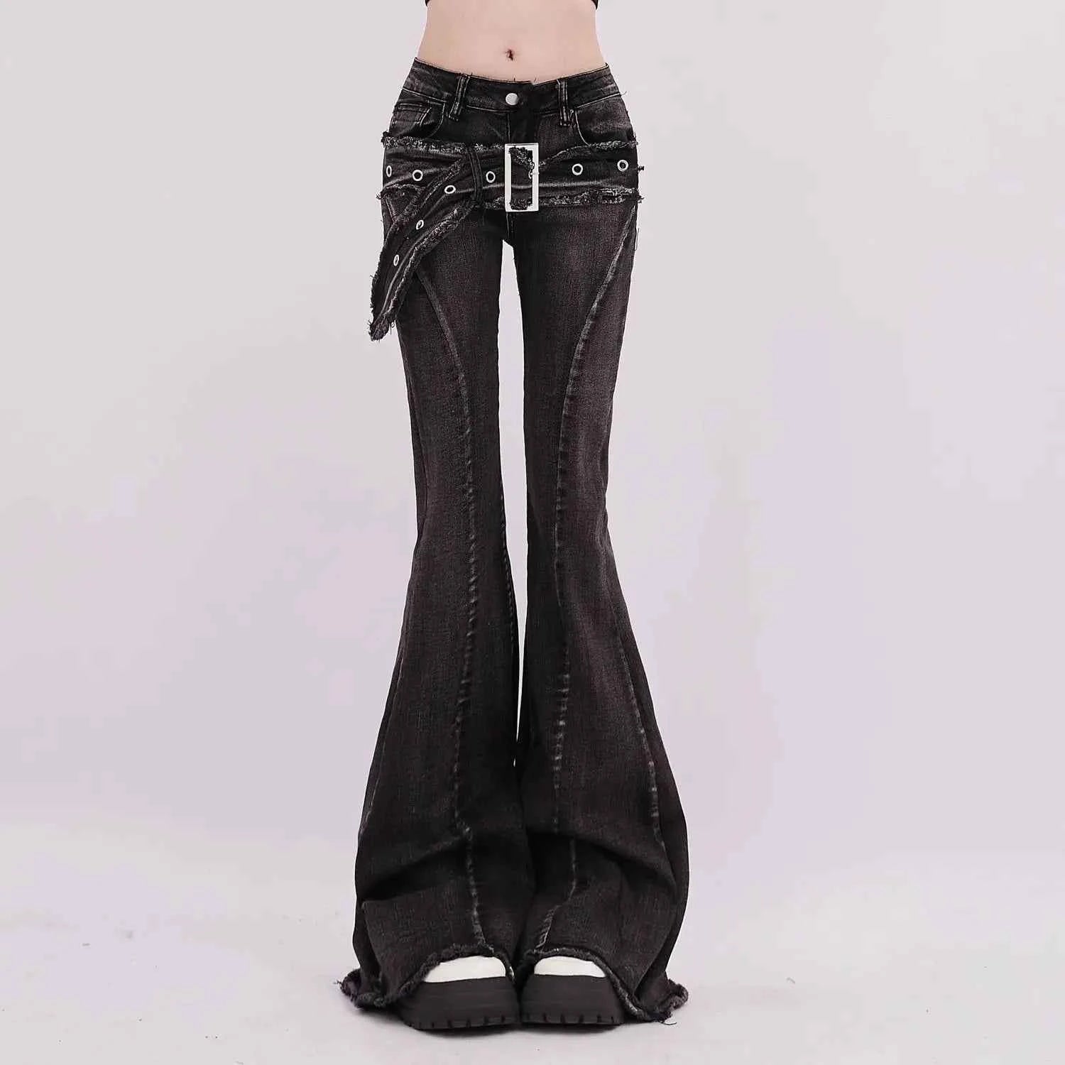 Vintage Slim Micro-flare Jeans Women Ins Fashionable Splicing Belt Edge Y2K Pants High Waist Straight American Street Trousers