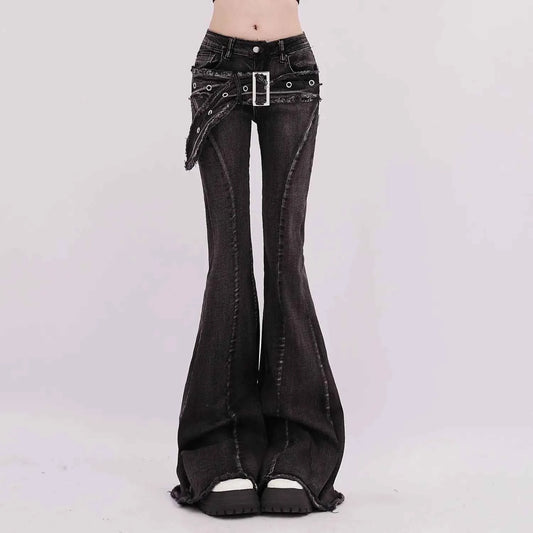 Vintage Slim Micro-flare Jeans Women Ins Fashionable Splicing Belt Edge Y2K Pants High Waist Straight American Street Trousers