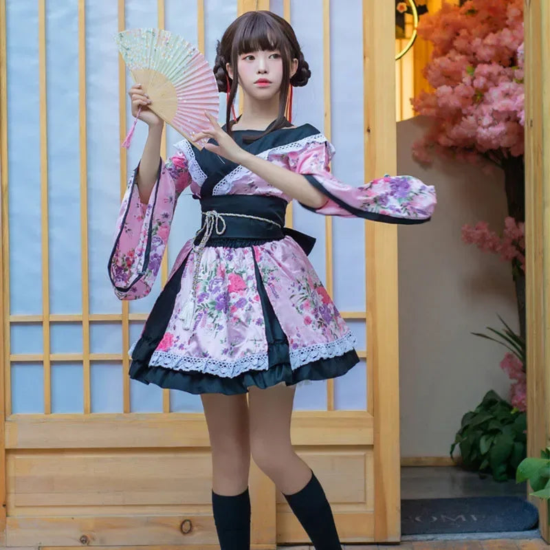 Traditional Japanese Kimono Dress for Women - Printed Pink