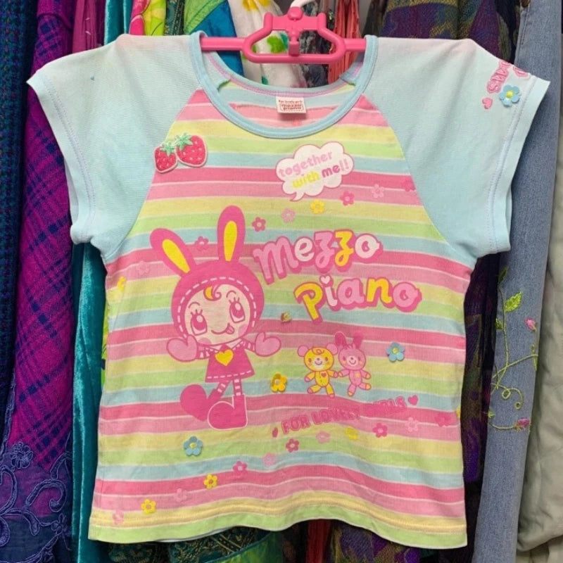 Shirts for Women Kawaii Japanese T Shirts 2025 Ropa Mujer Vintage Striped Short Sleeve Tees Y2k Tops Casual Fashion Crop T-shirt SS69