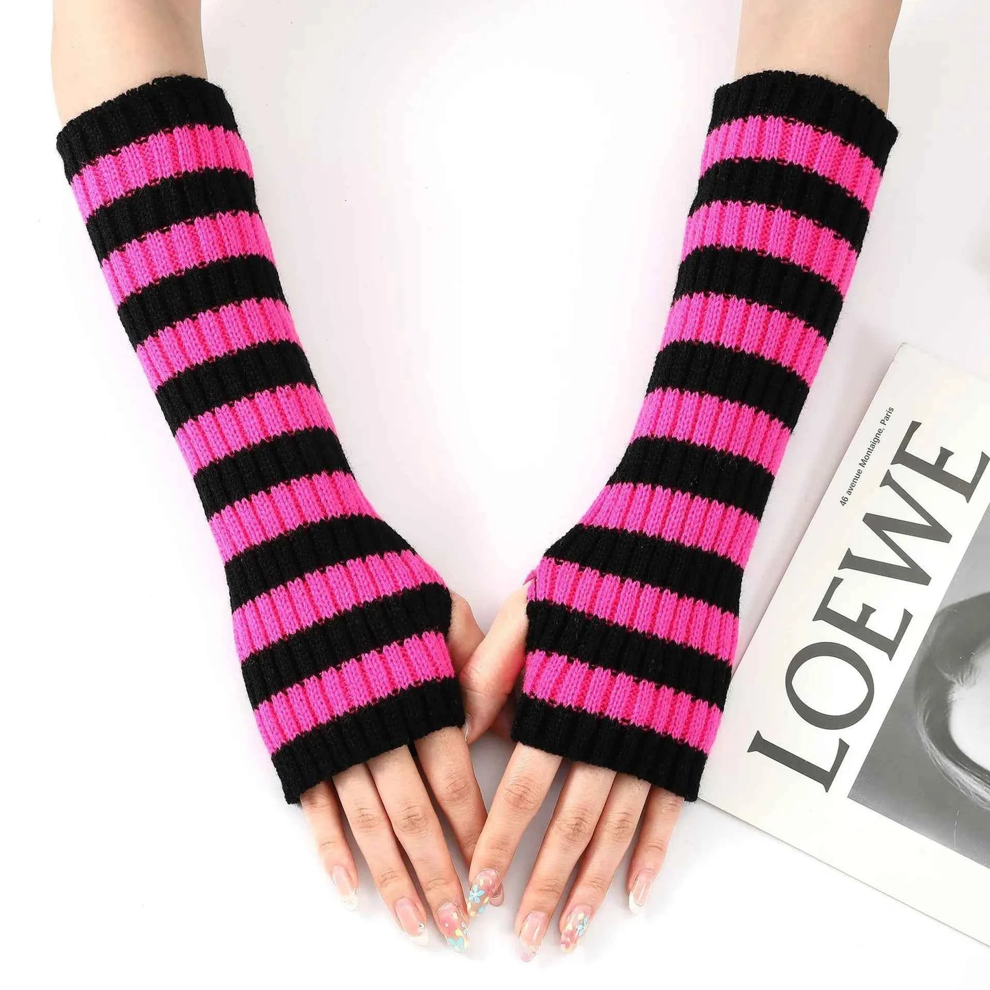 Women's Knitted Fingerless Arm Sleeves Gothic Style Striped Winter Long Arm Warmers Girls Harajuku Y2K Fashion Wrist Gloves