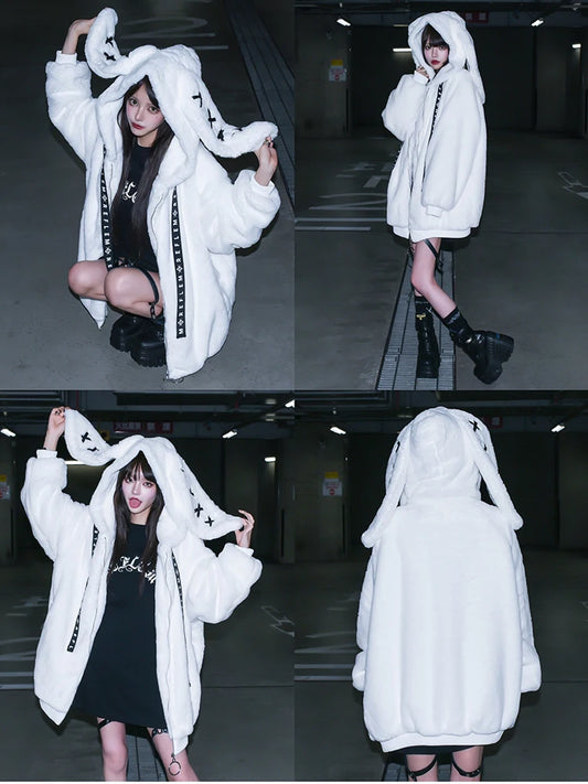 Mauroicardi Autumn Winter Sweet Cute Kawaii Soft Thick Warm Black Faux Fur Coat Women with Bunny Ears Cute Fluffy Jacket Hoodie