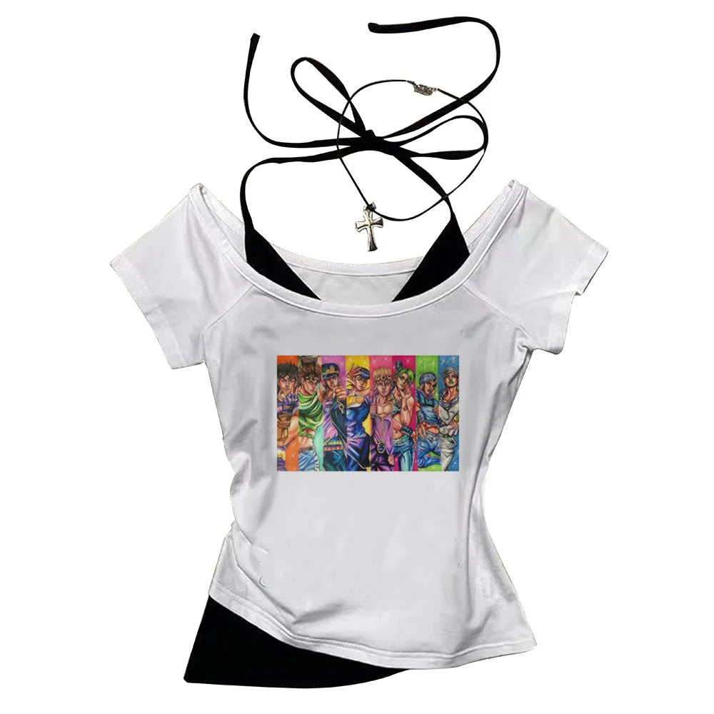 Jojo Bizarre Adventure crop top Aesthetic babydoll Streetwear shoujo girl style Fairy vintage  cropped harajuku woman t-shirt
